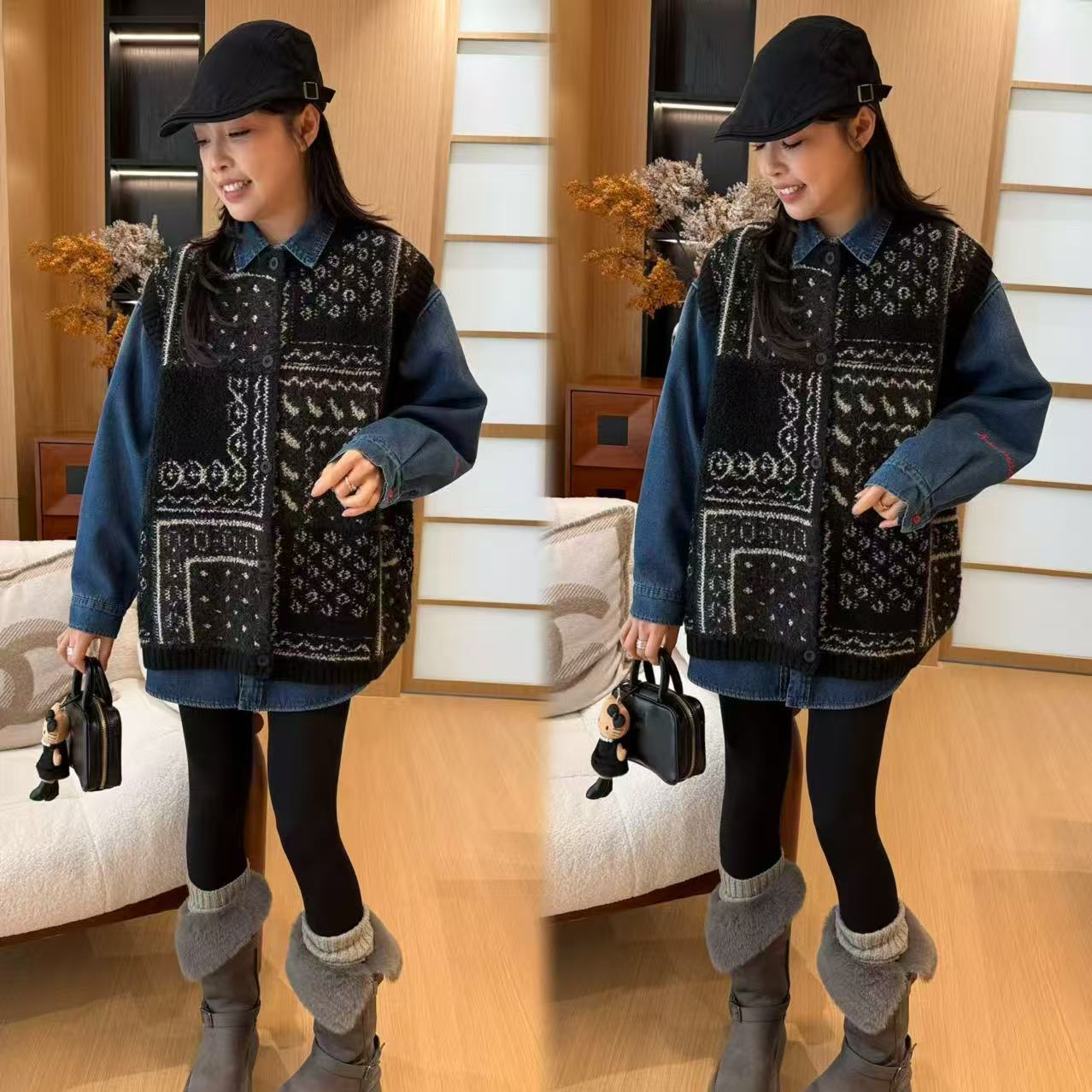 二姐的宝藏秋冬腰果花撞色圆领毛衣开衫拼图马甲#25518