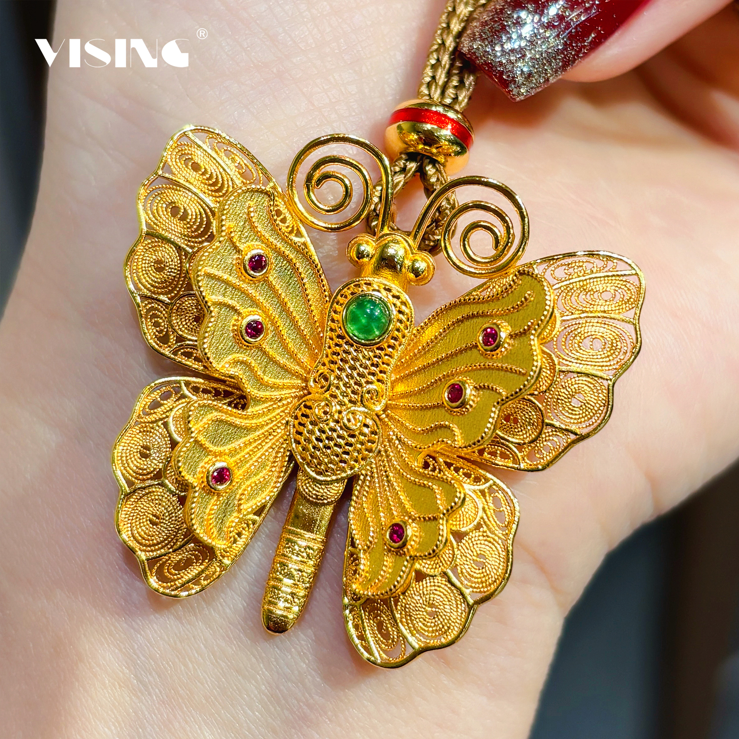 坠链均925银 VS珠宝 金色拉丝蝴蝶吊坠毛衣链九紫离火蝴蝶项链