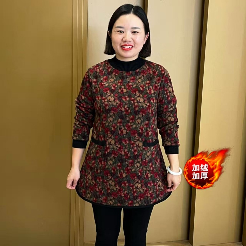 秋冬新款半高领小碎花加绒加厚遮肉显瘦洋气大码上衣