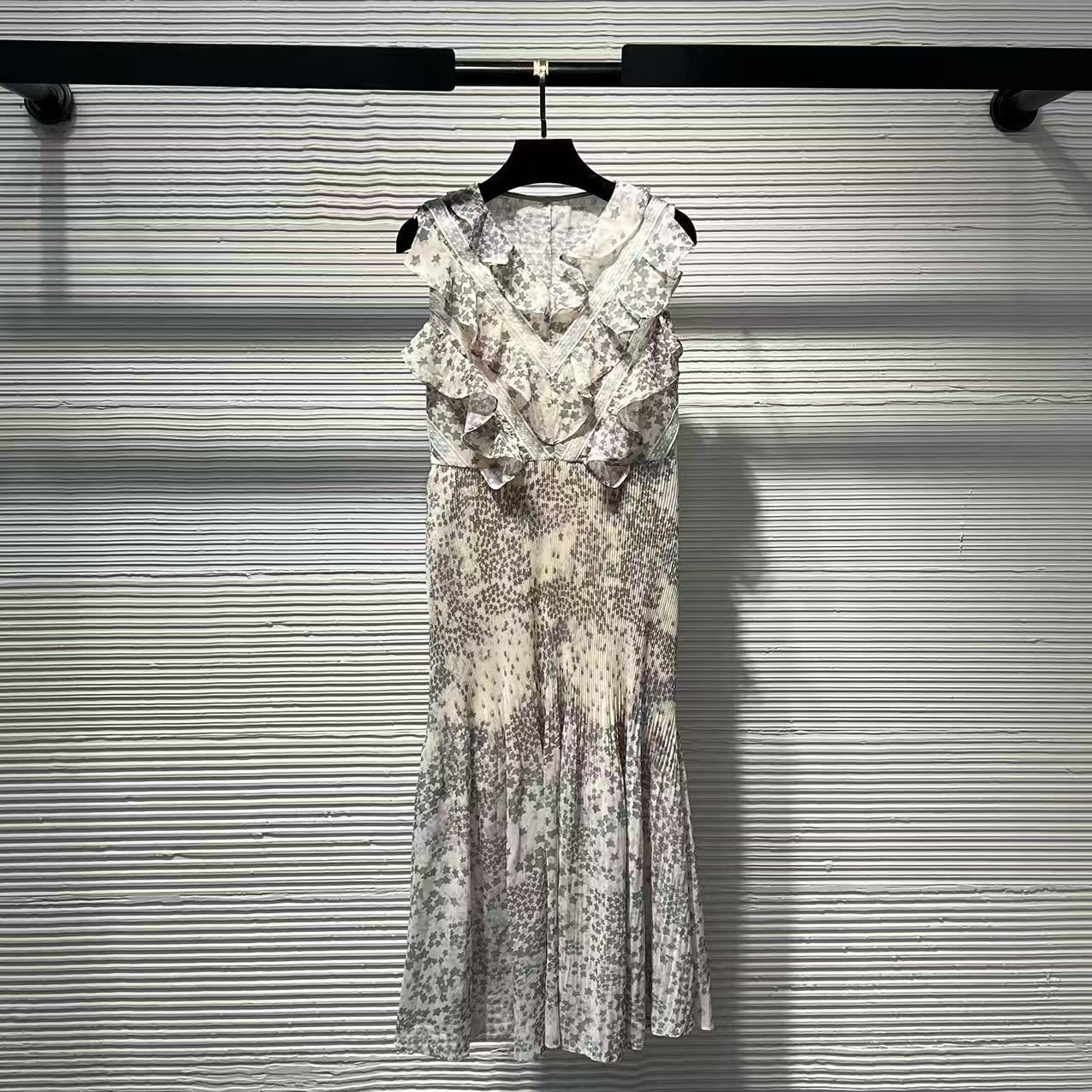 连衣裙秋季设计师A字裙长裙无袖V领女装优雅露肩常规A174