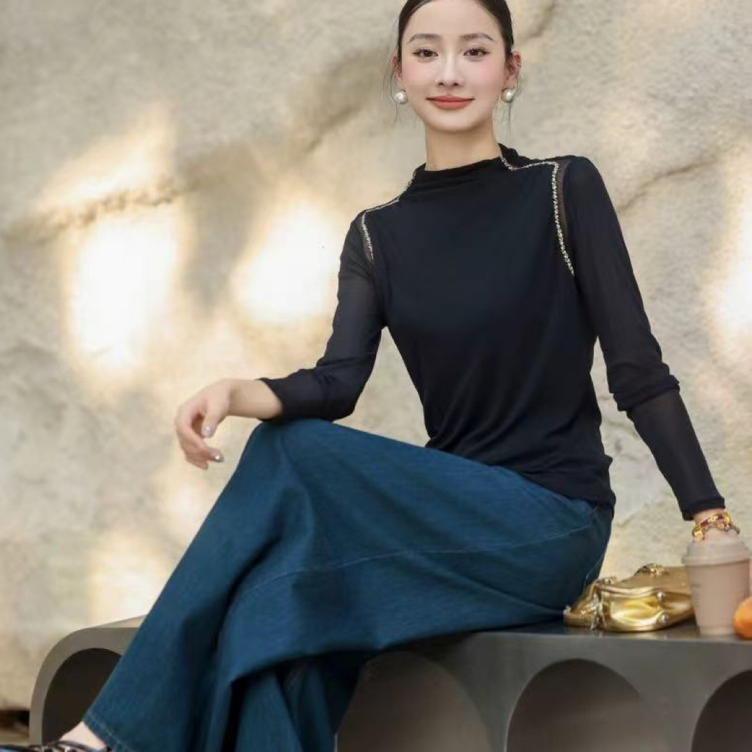 F1001时尚纯色气质显瘦长袖修身打底上衣