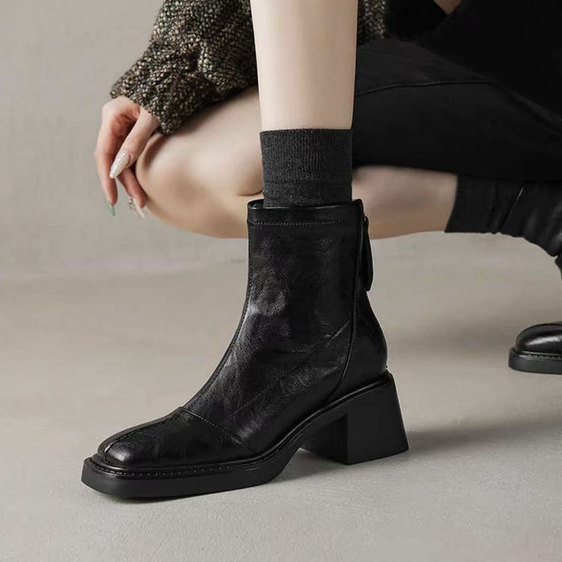 【勿拍！马上开价】2025新款爆款方头粗跟短靴子女靴瘦瘦靴短靴2926