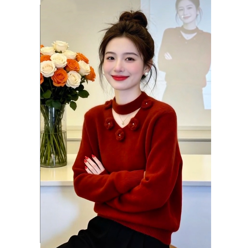 设计感立体花朵大码新年红色氛围感毛衣显瘦洋气跨年巨好看针织衫