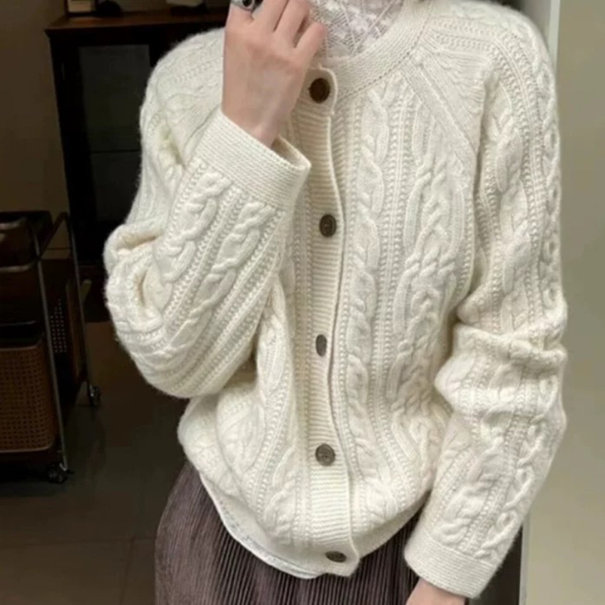 单排扣圆领毛衣女开衫外套复古麻花羊毛针织衫6348