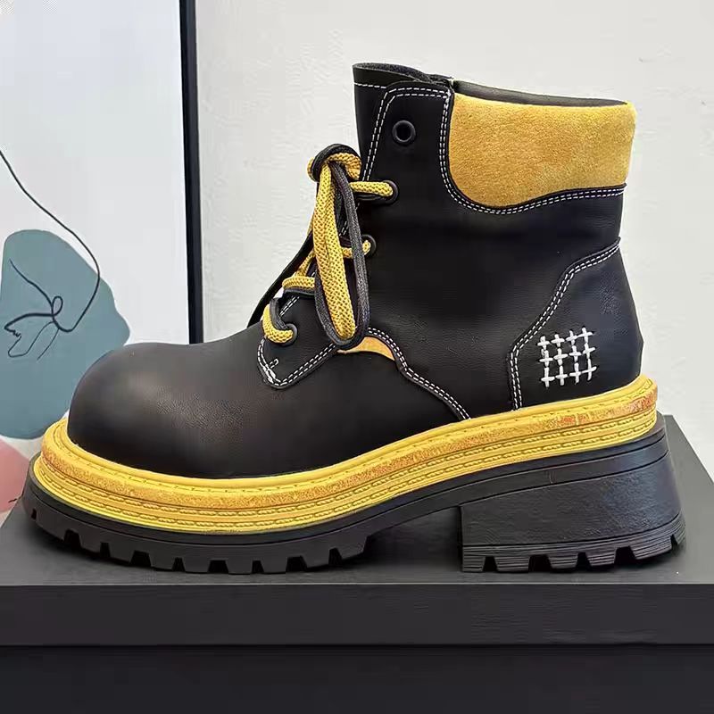 真皮2025新款厚底增高工装靴英伦风大黄靴户外女短靴5K10-7289