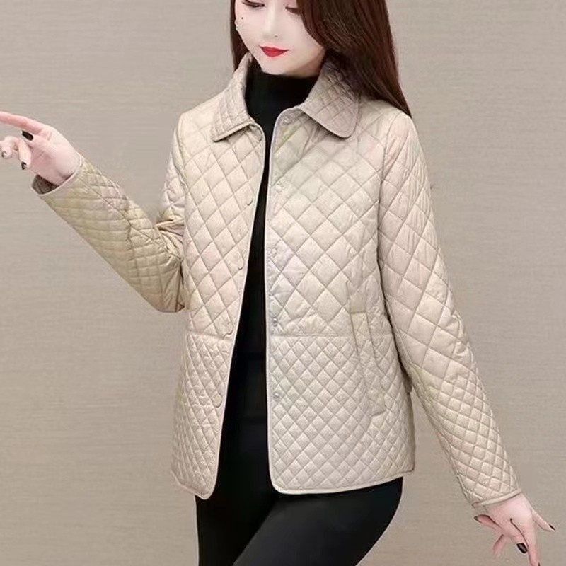 妈妈轻薄棉服棉袄外套女冬季翻领菱形格新款宽松棉衣秋冬短款