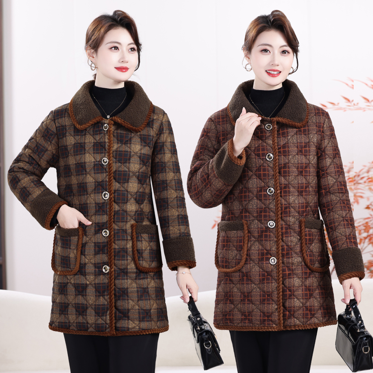 新款冬款棉衣中长款中老年妈妈装时尚减龄老年人格子翻领棉袄