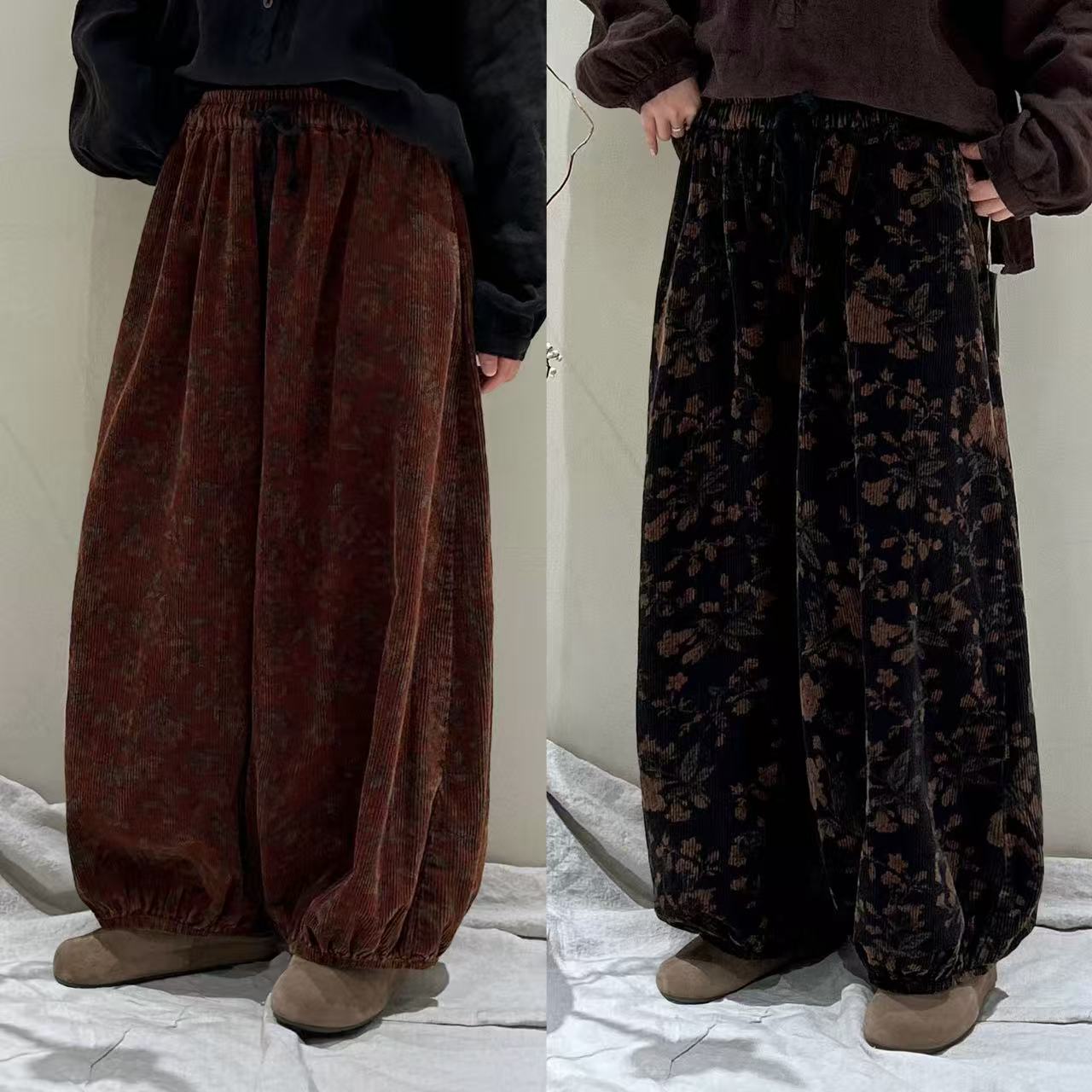 紫牧家春秋复古文艺宽松印花灯芯绒阔腿灯笼裤女（裤长91臀围140）