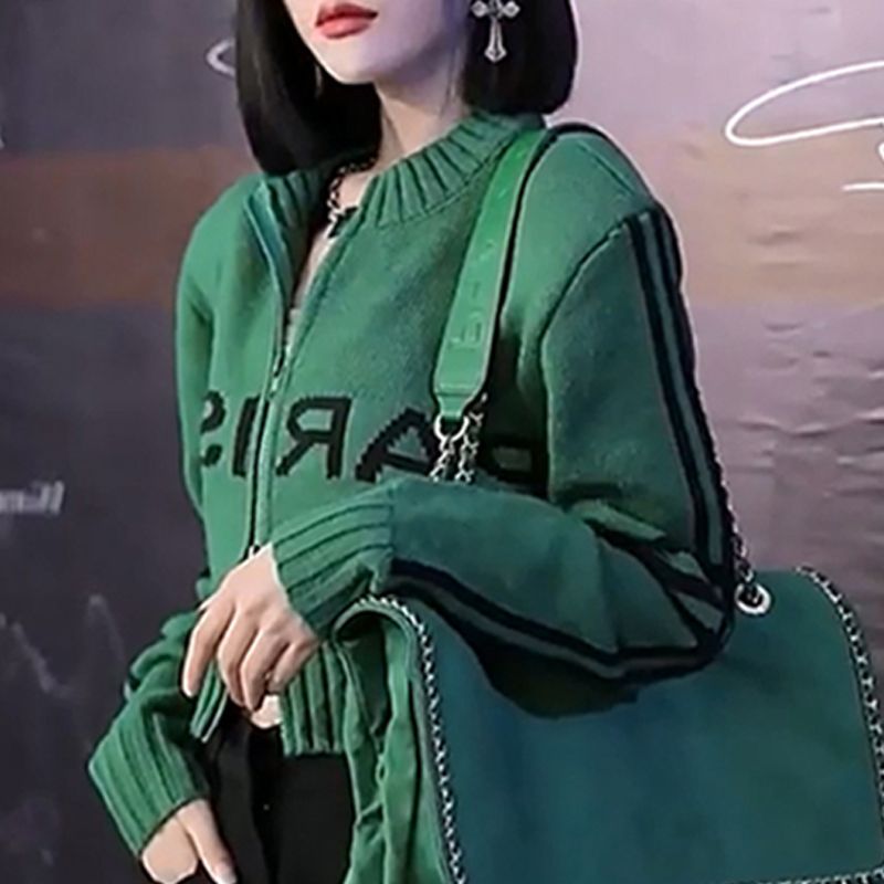 22Y1375秋冬欧货字母设计感拉链绿色针织衫女装高级时尚开衫外套