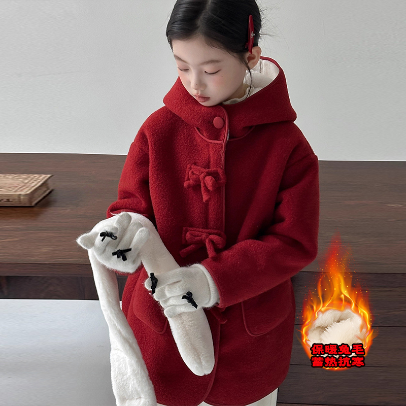 【嘻嘻柚】女童新年连帽兔毛里呢子大衣2025冬季加绒格子毛呢外套潮