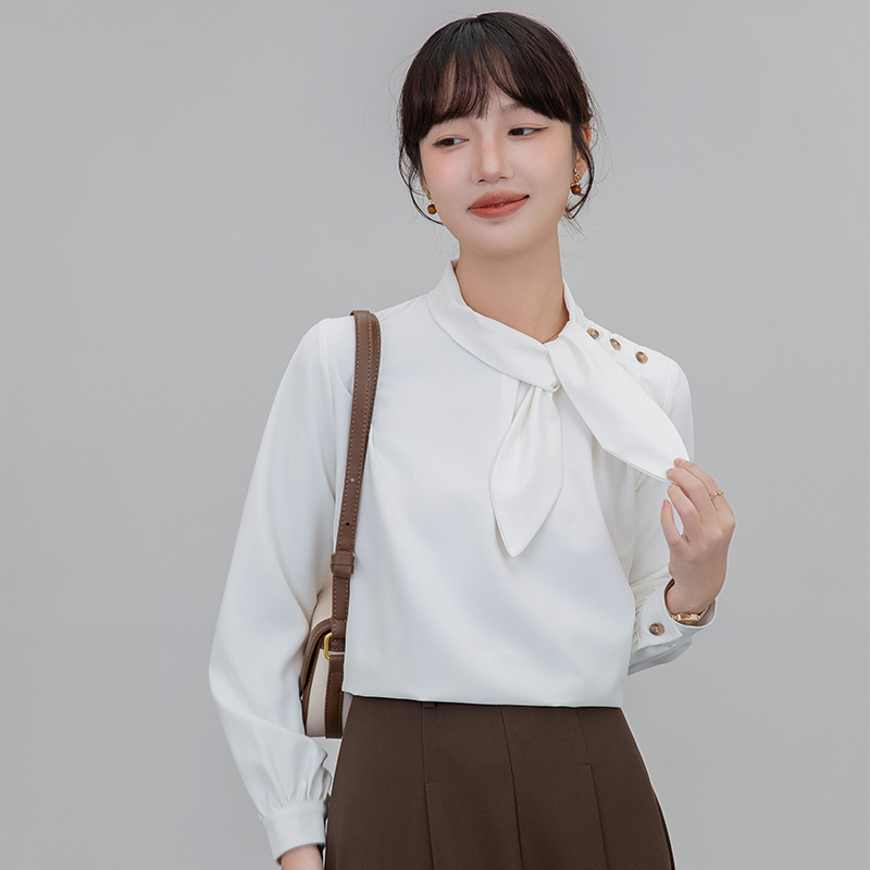 法式气质温柔风肩侧扣设计感荷叶飘带气质长袖小衫女宽松显瘦上衣