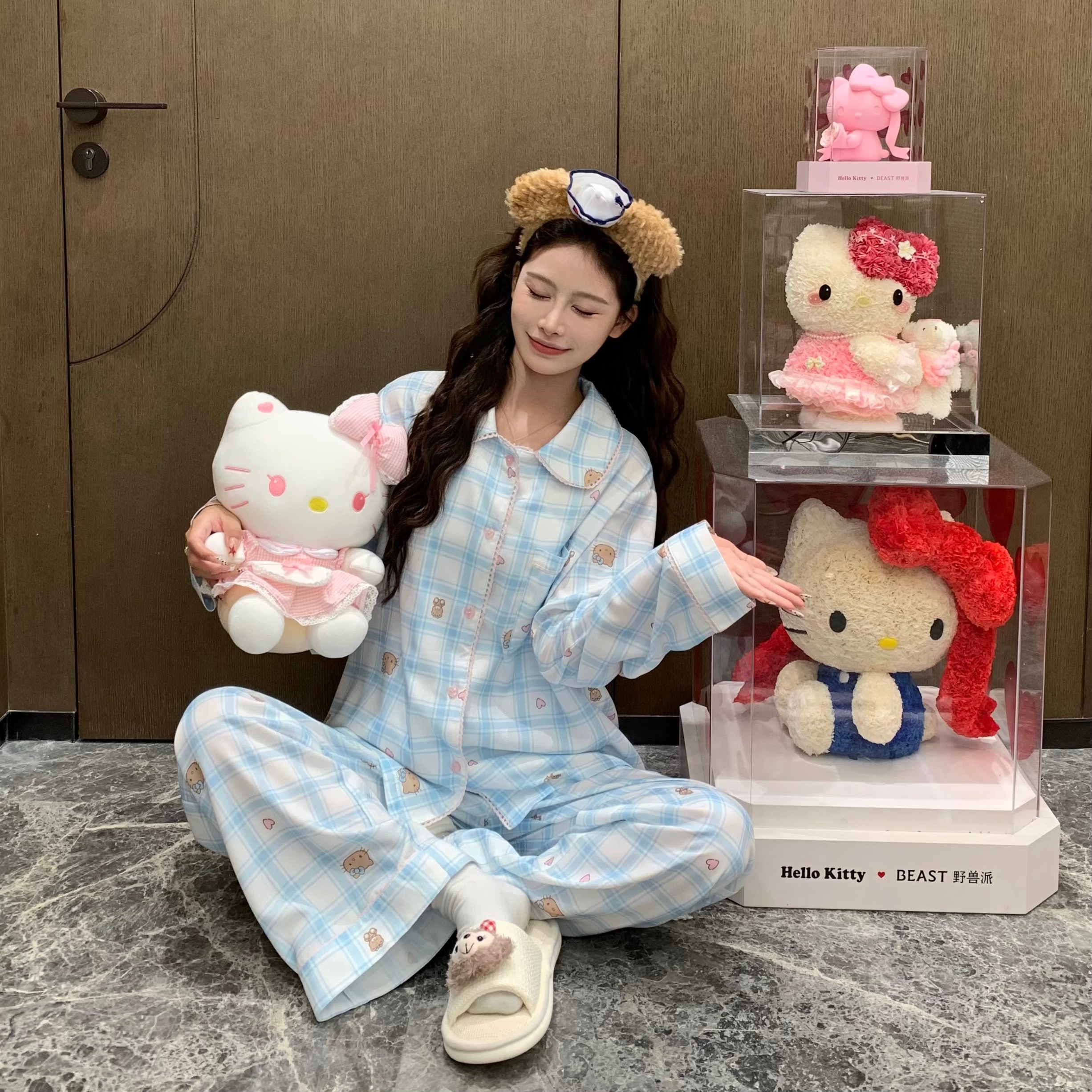 3MER 甜美kitty睡衣女2025秋季新款长袖卡通家居服套装