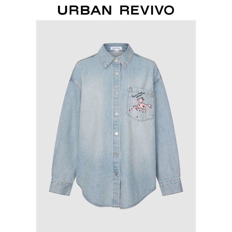 UR2026春季新款女装潮流趣味图案刺绣水洗牛仔衬衫UYV860012