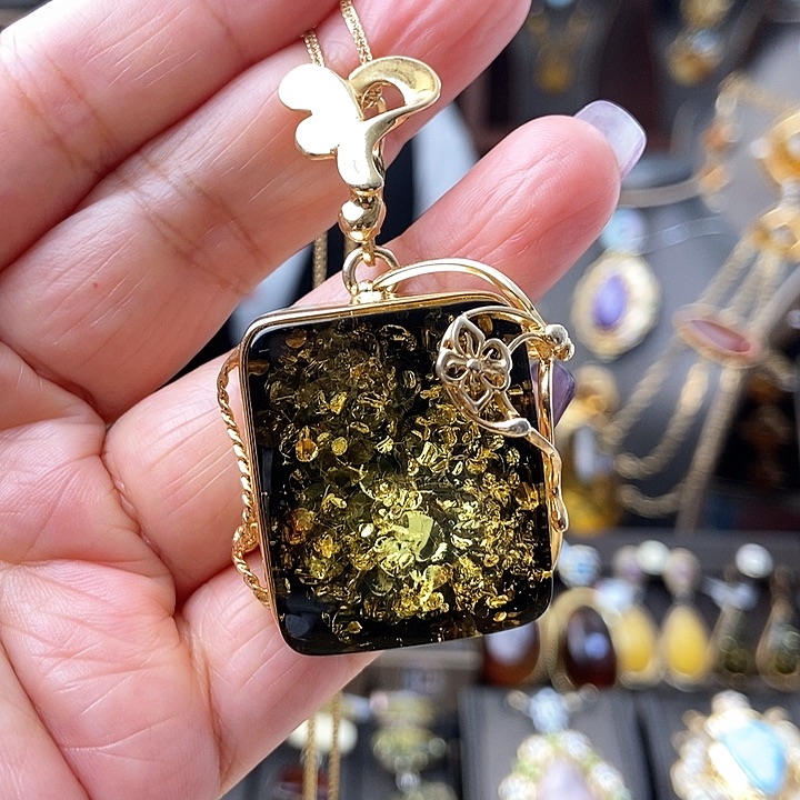 琥珀颈饰银S925镶嵌吊坠