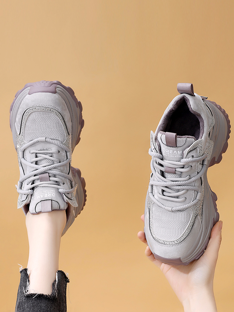 老爹鞋女士米色增高老爹鞋时尚ins透气冬季鞋子真皮厚底加绒