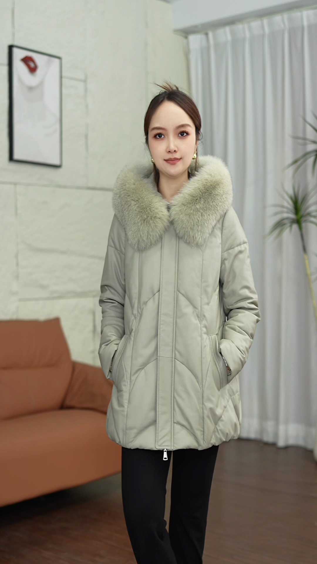 海宁真皮皮衣百分百头层绵羊皮连帽狐狸毛领加厚女款女士一手长中