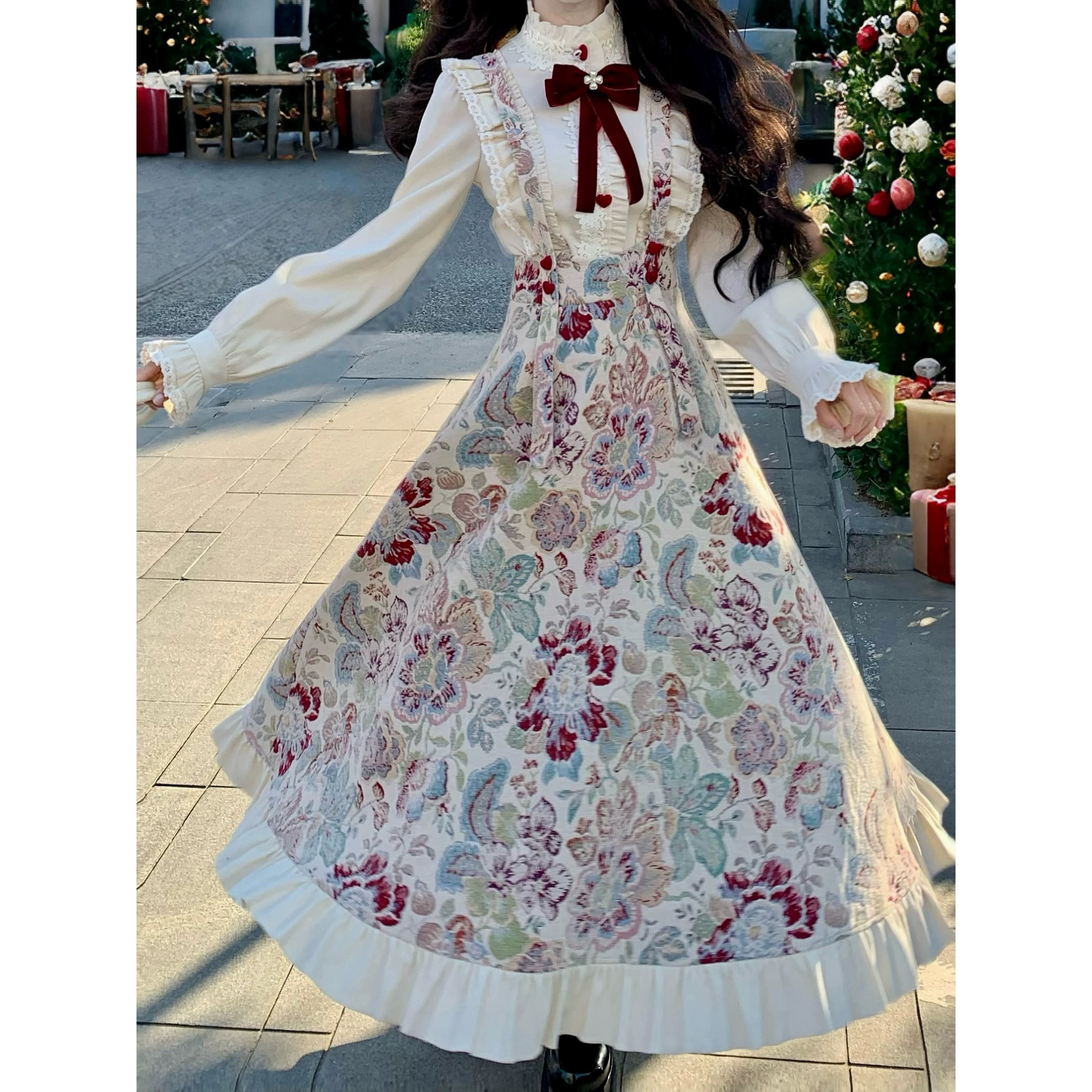 爱心扣长袖衬衫气质提花刺绣可调节百搭吊带裙