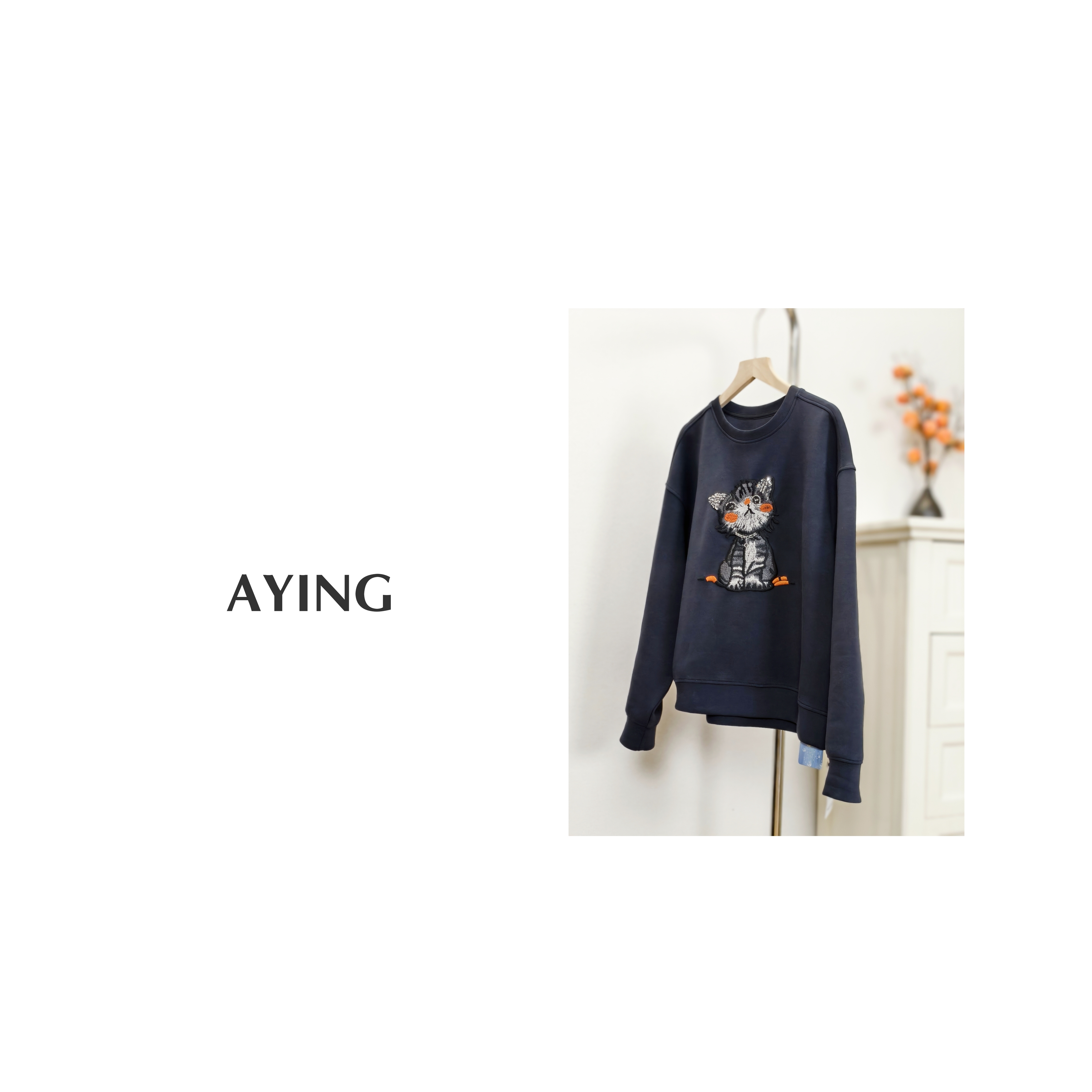 AYING    女士秋冬    宽松挺阔卡通猫咪刺绣圆领长袖卫衣