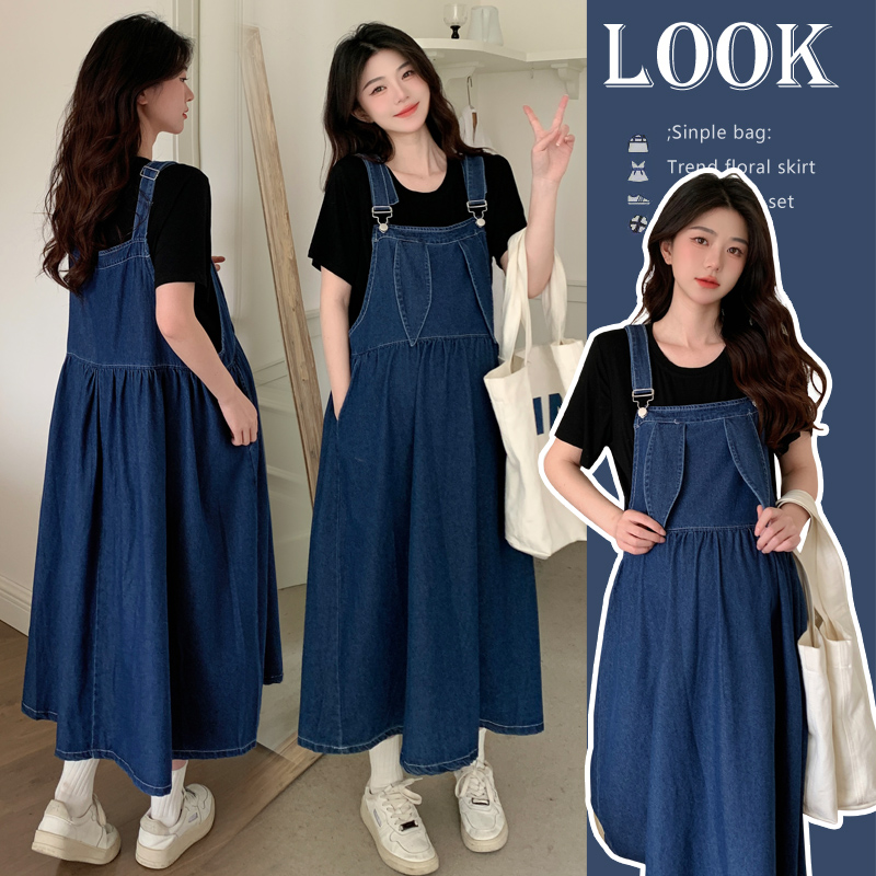 孕妇装连衣裙夏款2025新款时尚大码牛仔背带裙子休闲t恤减龄显瘦