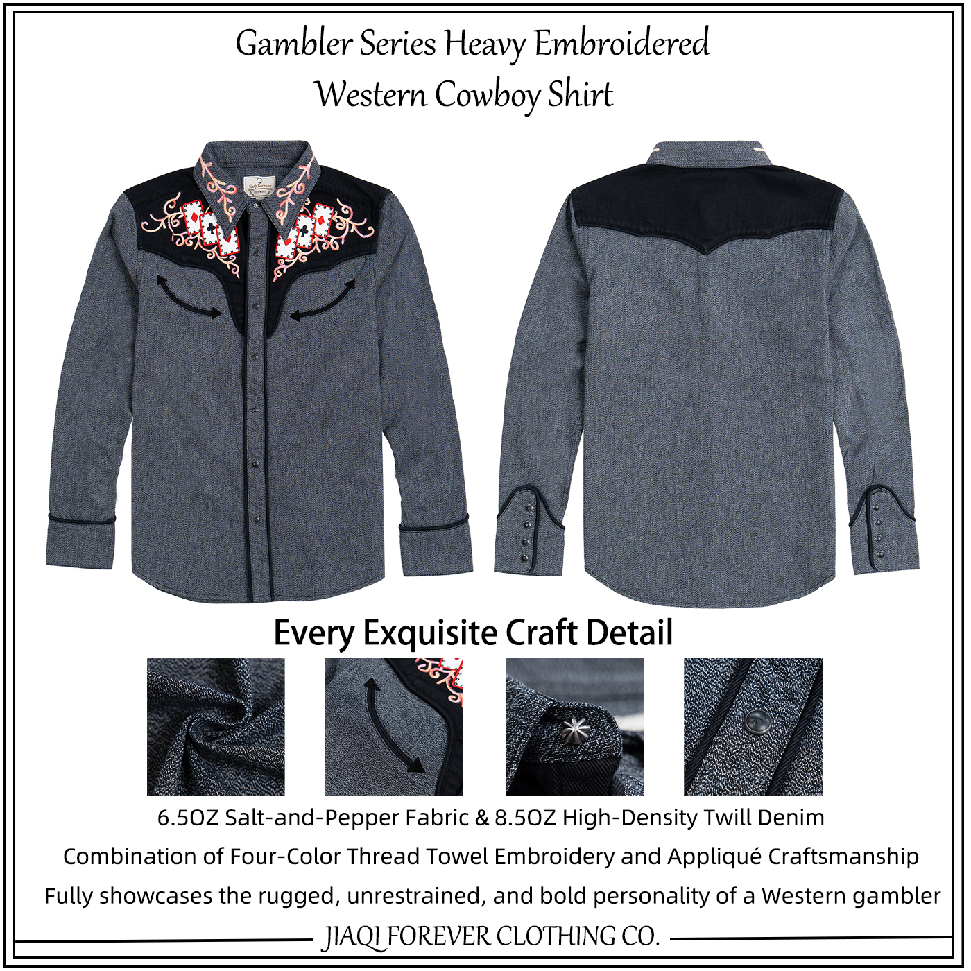 非RRL 赌徒刺绣美式复古纯棉胡椒盐秋冬男士修身西部长袖牛仔衬衫