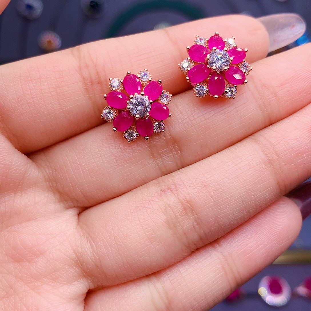 红宝石耳饰银S925镶嵌