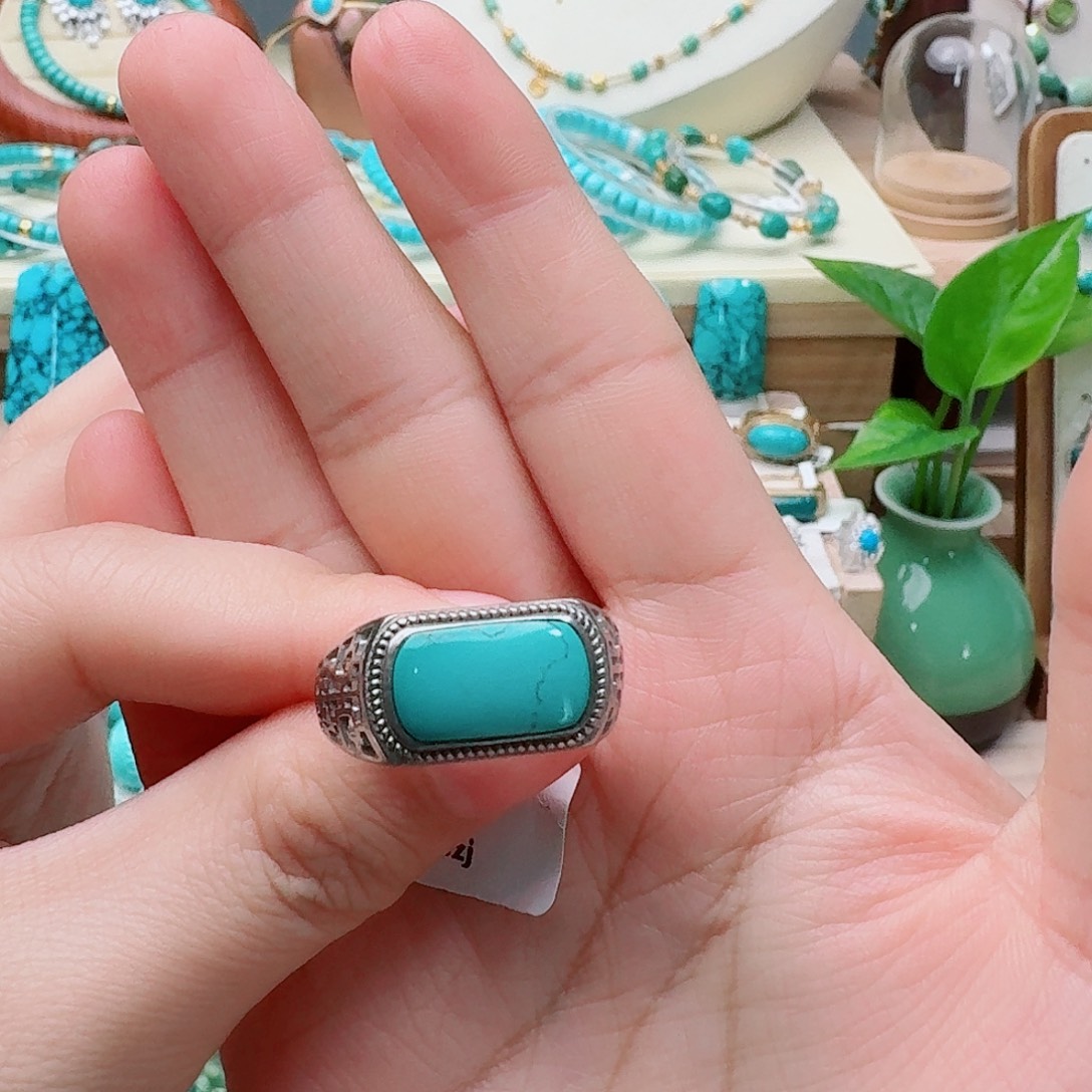 ****️绿松石银S925镶嵌高瓷绿水草纹马鞍戒