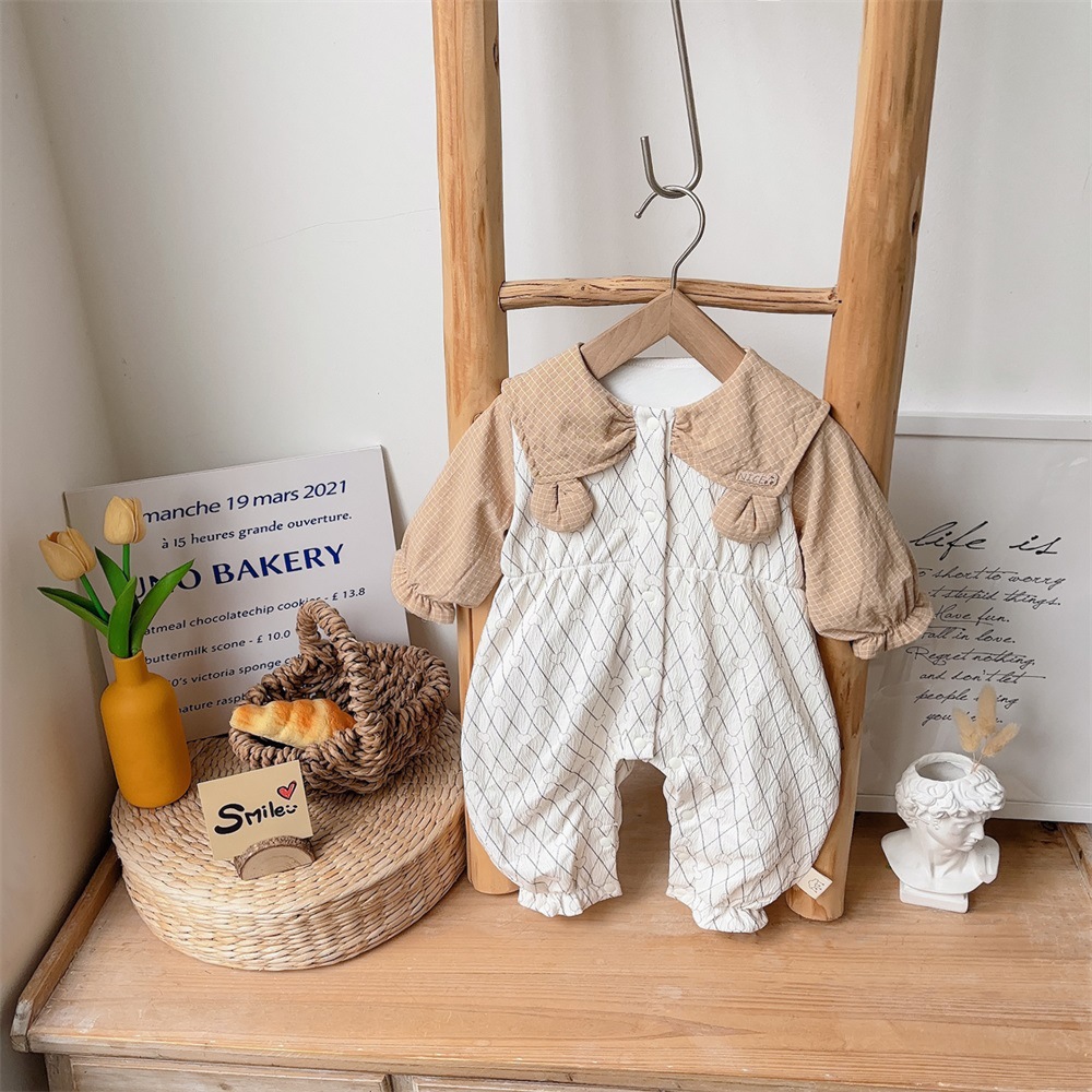 婴儿春季韩系衣服新生儿春秋连体衣双层周岁满月女宝宝外出服抱衣