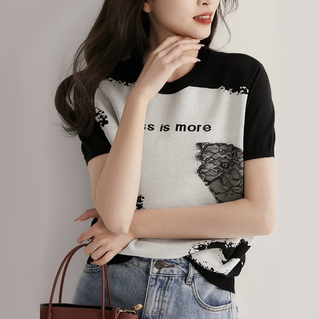 2025款夏季新款显瘦时尚百搭轻薄提花短袖针织时加大码