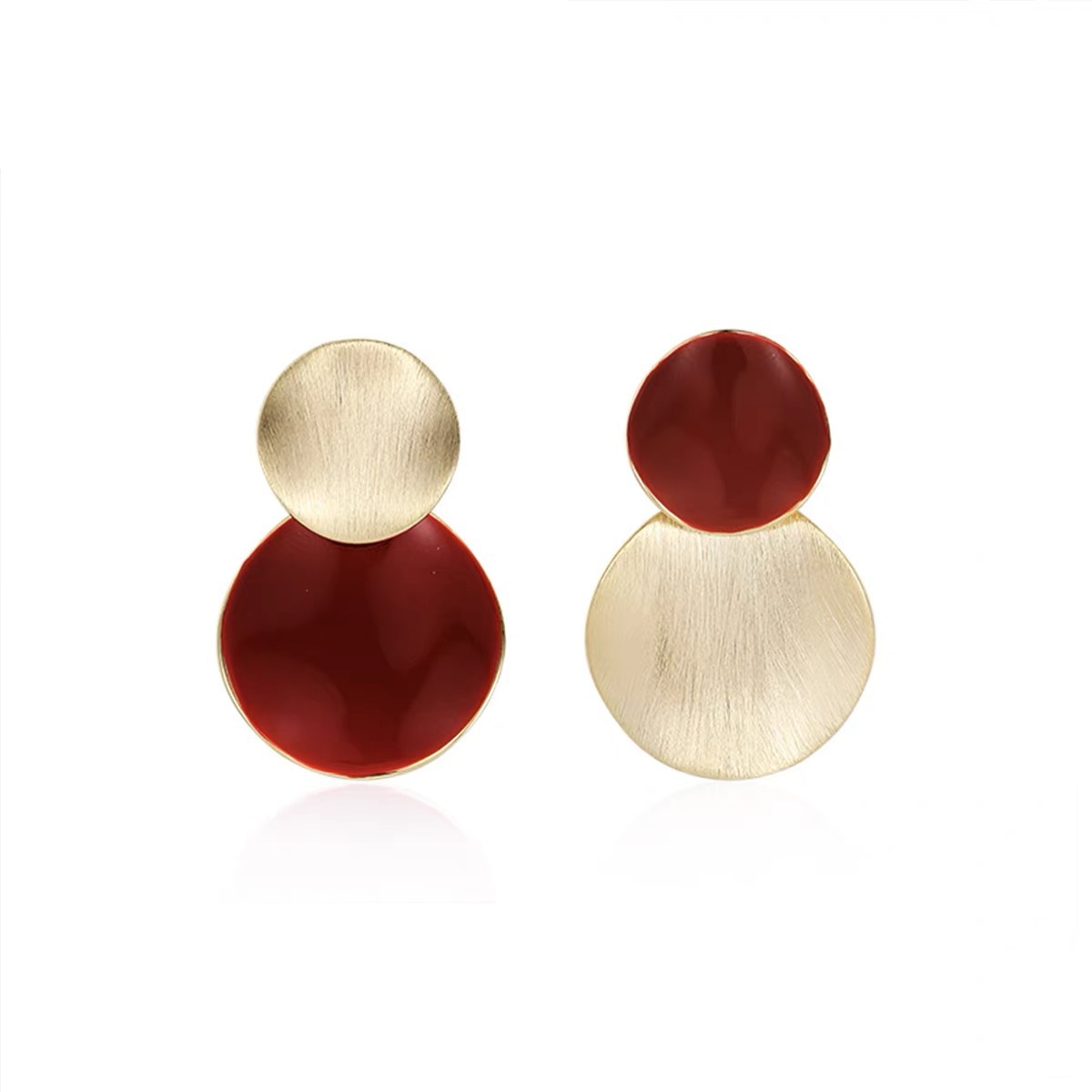 铜合金耳饰 铜合金蚊香盘耳夹 红色不对称拉丝圆片秋冬高级感小