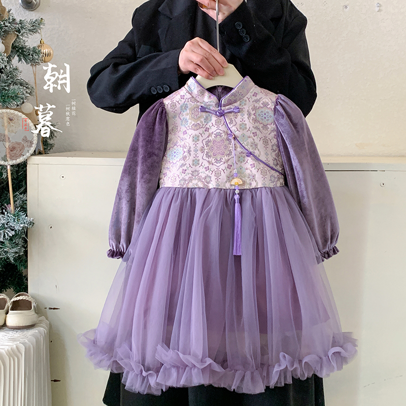 【本妈】25冬"花晨夕月"女童国风加绒印花网纱连衣裙M25