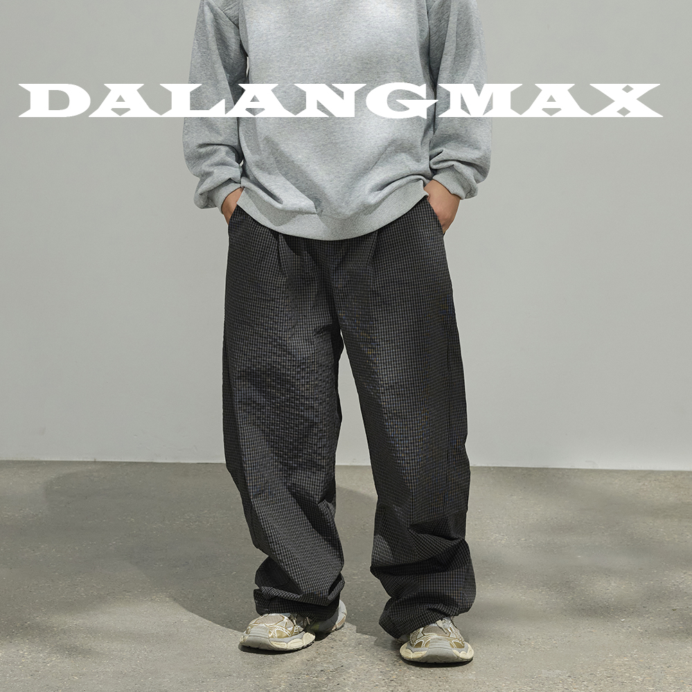 DALANGMAX陈达浪大码男装冬季新款美式复古黑色格纹拖地弯刀裤宽