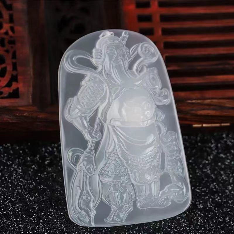 天然白玛瑙关公吊坠 玉髓关羽牌子关二爷牌武财神挂坠 男士