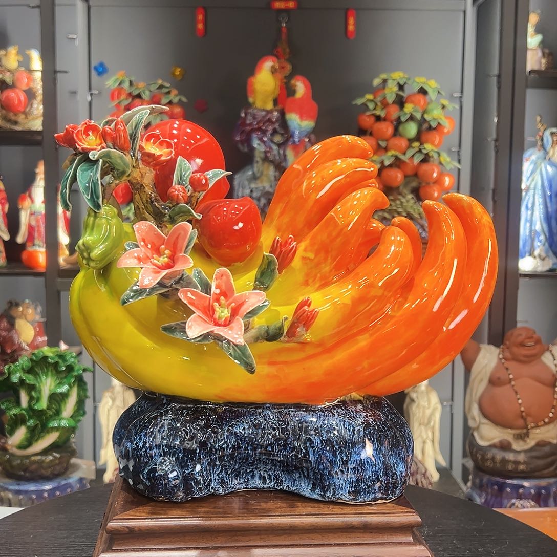 佛手桃石湾陶艺摆件纯手工制作