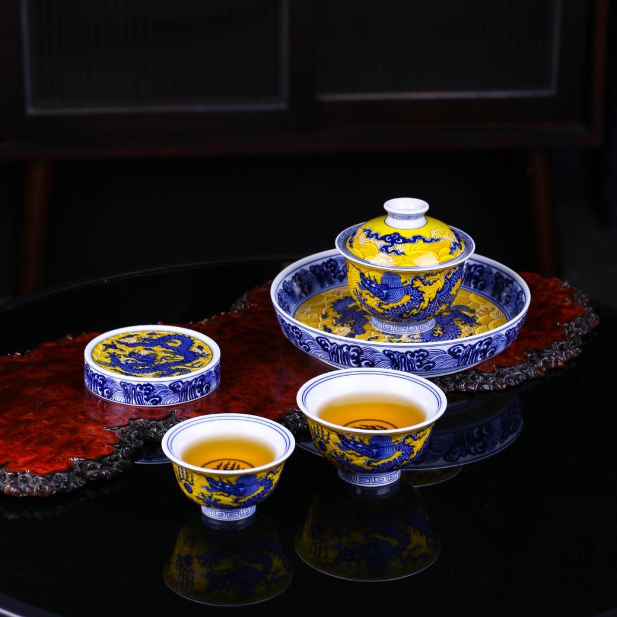景德镇 青花釉下彩帝黄海水龙波浪纹五件套陶瓷茶具家用送礼套装
