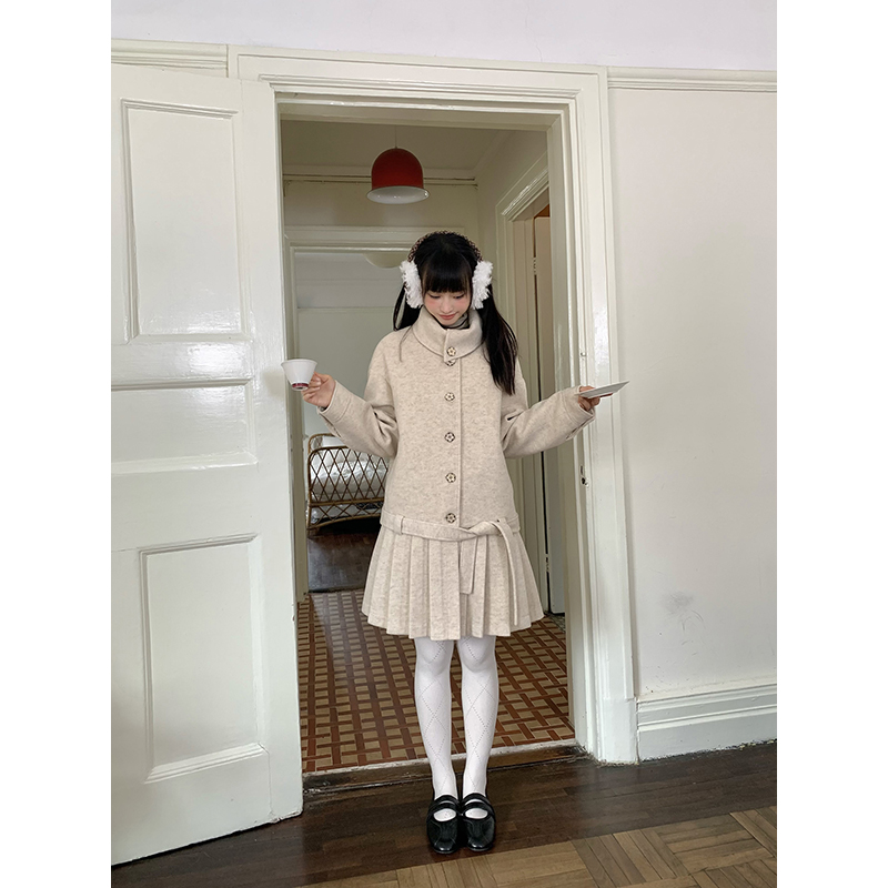 嘿山姥姥浅卡其百褶羊毛大衣女冬季夹棉加厚设计感单排扣呢子外套