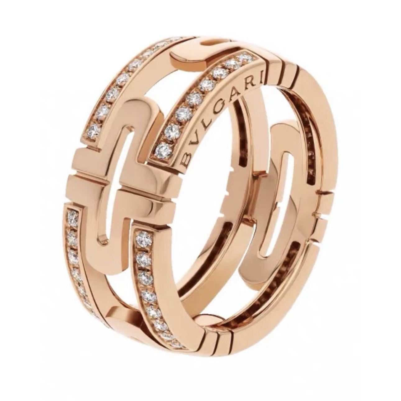 99新 BVLGARI/宝格丽 玫瑰金回形针边钻戒指53码/公价40000