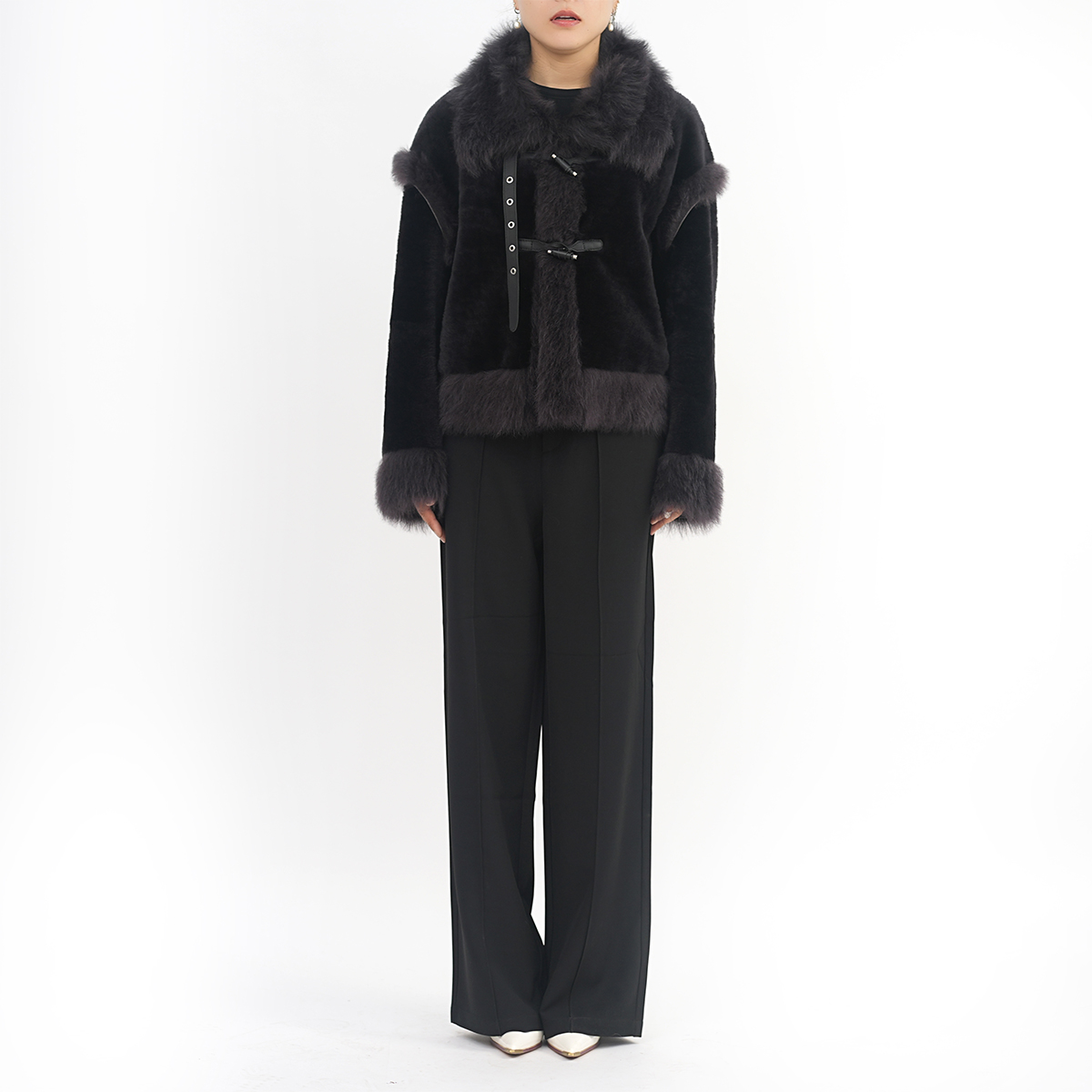 皮毛一体短款国风皮草外套冬季拼接设计大衣毛毛领 24096