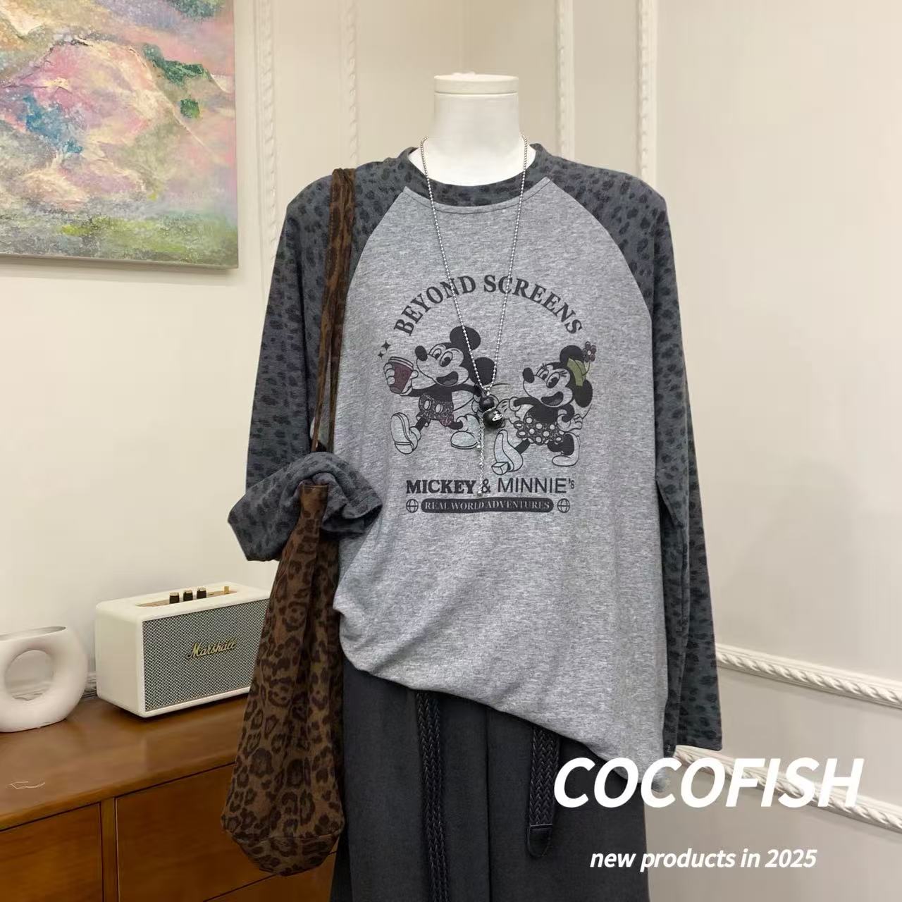 插肩袖撞色卡通圆领休闲长袖T恤#3696