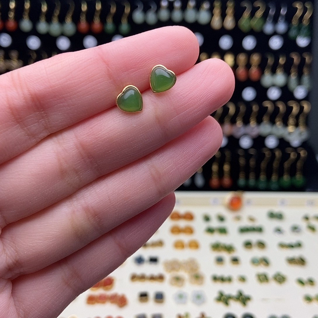 和田玉银S925镀金镶嵌耳饰