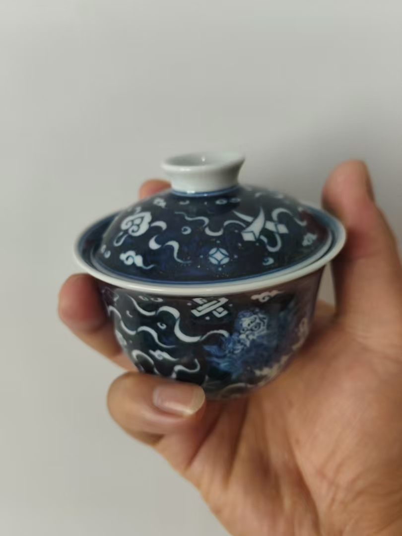 双狮混绣球 盖碗 陶瓷茶具 青花满工满绘