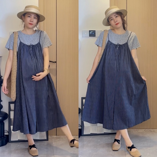 梨型身材穿的孕妇装夏季波点圆领短袖T恤搭配条纹吊带裙气质套装
