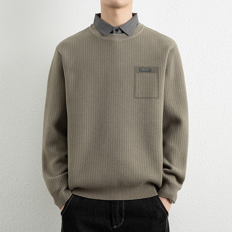 2025秋冬季百搭竖纹假两件衬衫领毛衣男士商务休闲针织衫MJ2628