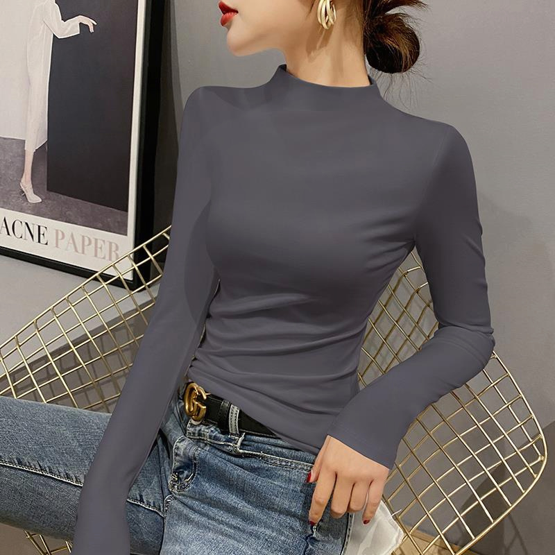 立领打底衫女内搭春秋季新款时髦洋气修身纯色长袖保暖打底上衣