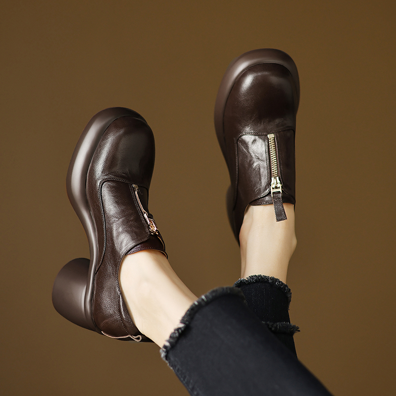 7m跟高羊皮英伦风厚底深口小皮鞋女真皮粗跟春季高跟百搭懒人单鞋