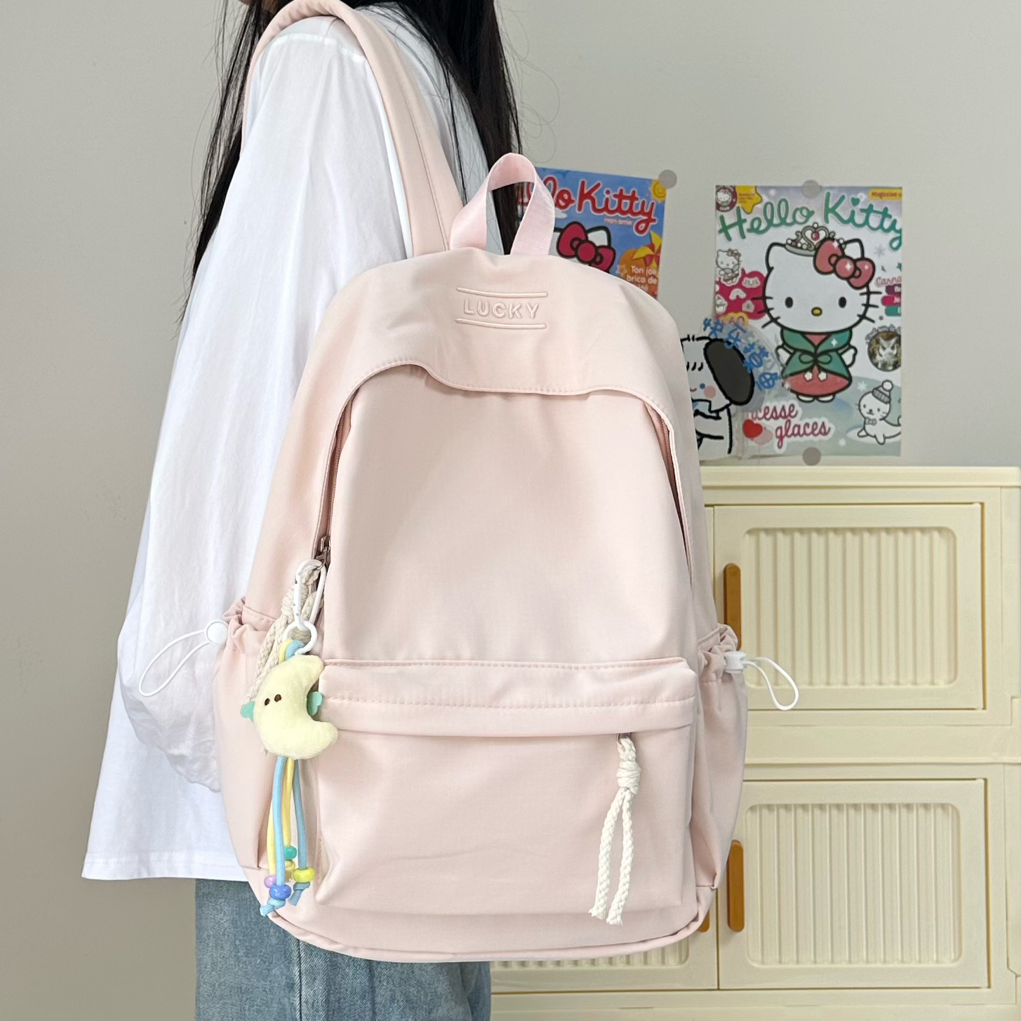 韩版简约纯色双肩包女大容量高中初中生书包小众百搭大学生背包