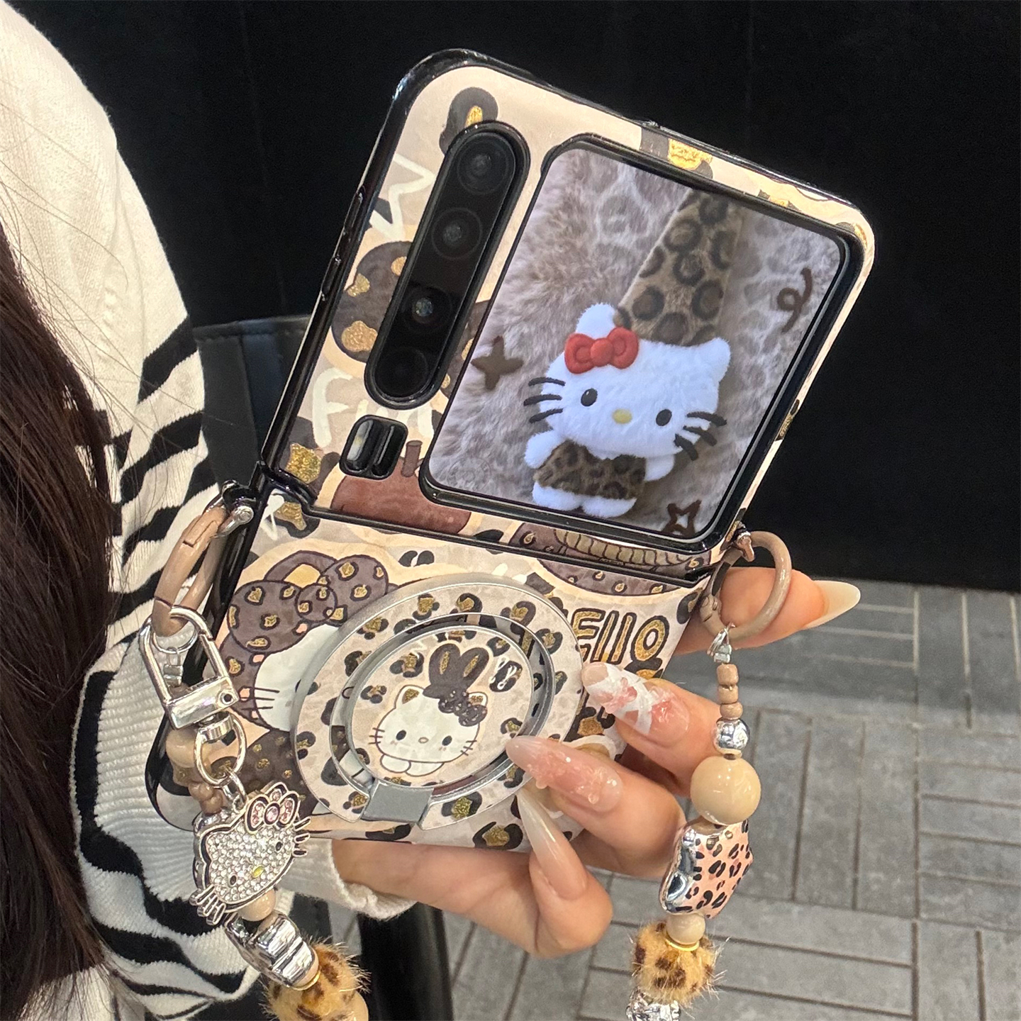 适用华为purax折叠屏手机壳少女心豹纹花朵kt猫磁吸支架pocket2