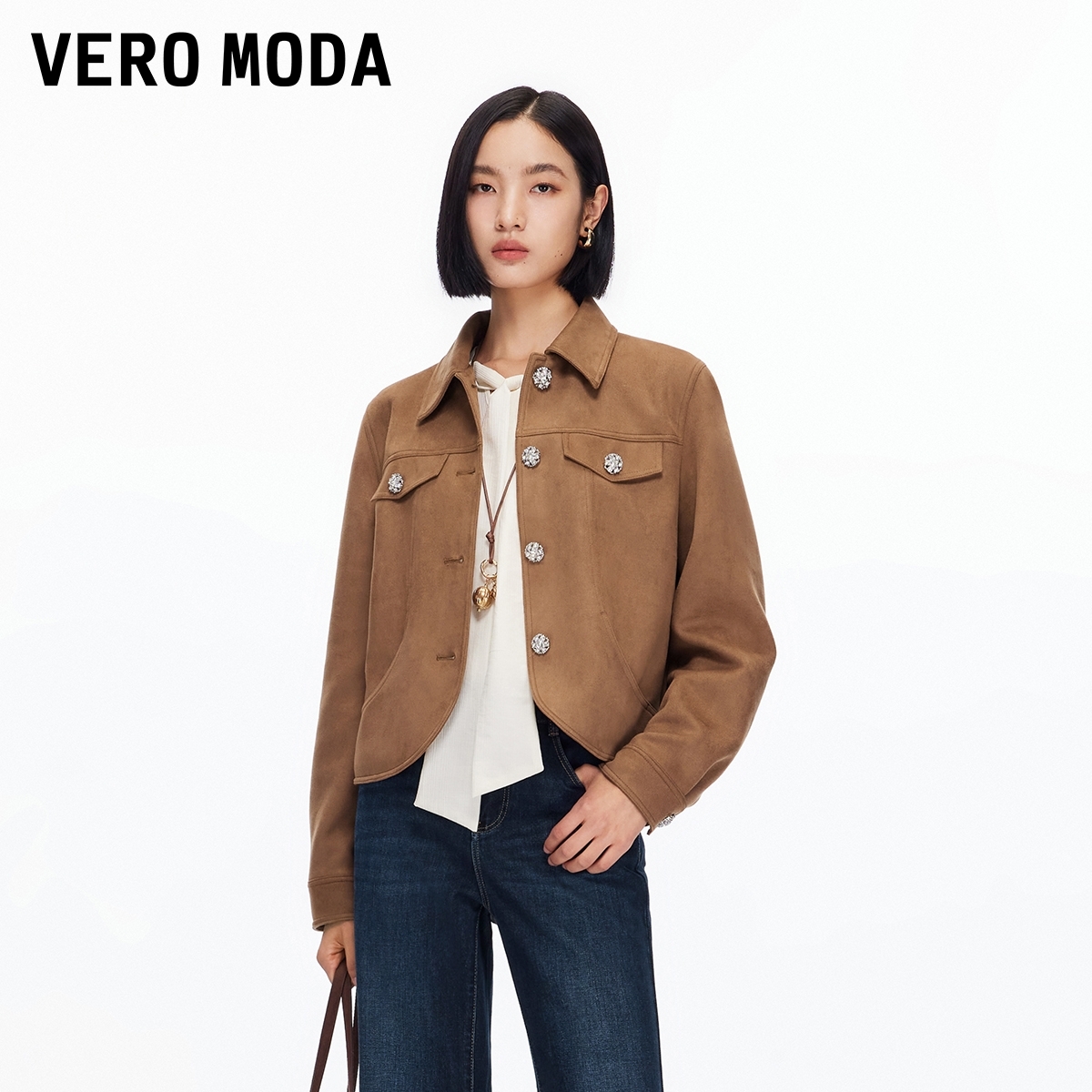 Vero Moda夹克2025秋季新款精致钻扣短款翻领复古上衣325317039