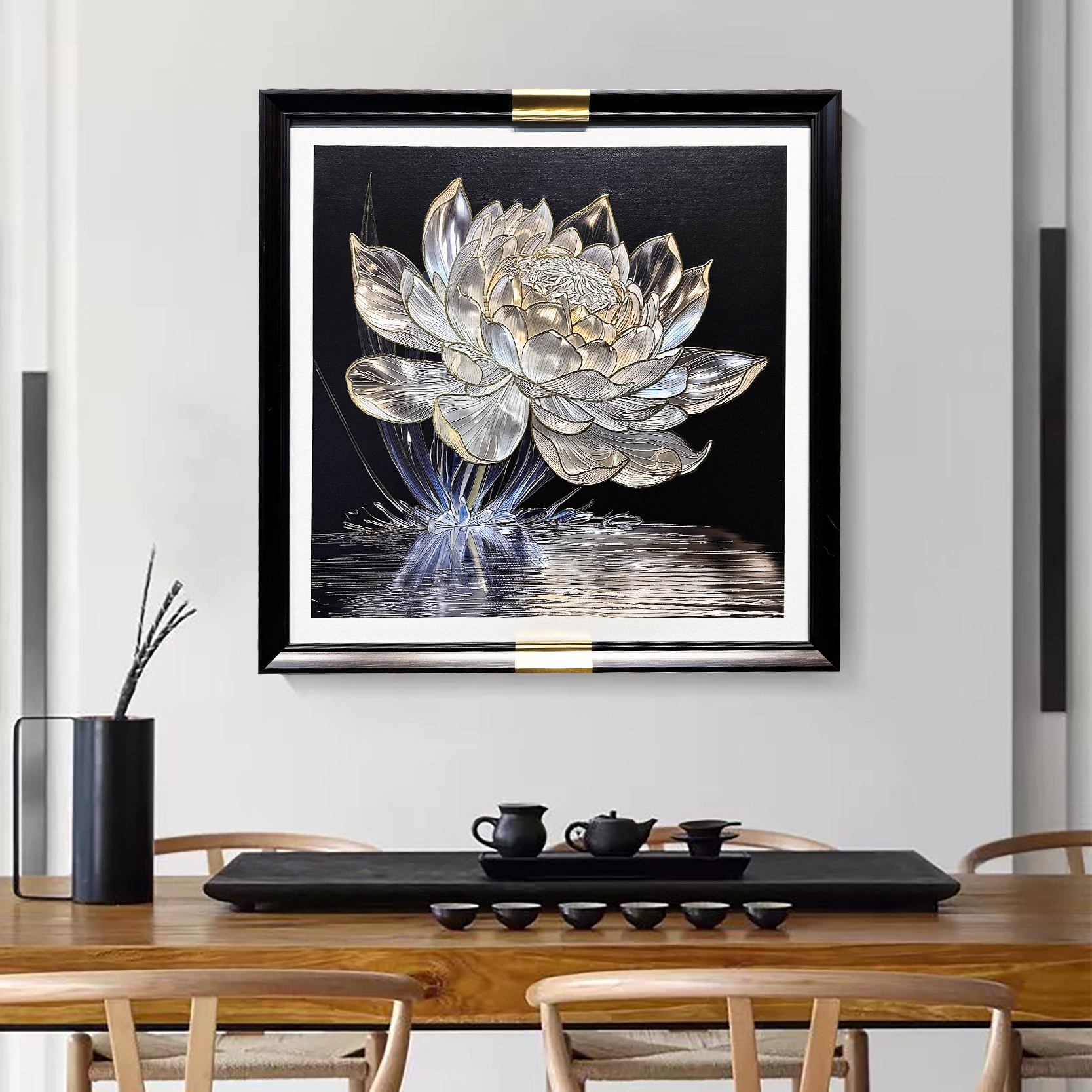 新中式荷花烫金肌理立体装饰画适合多种场景装饰6060