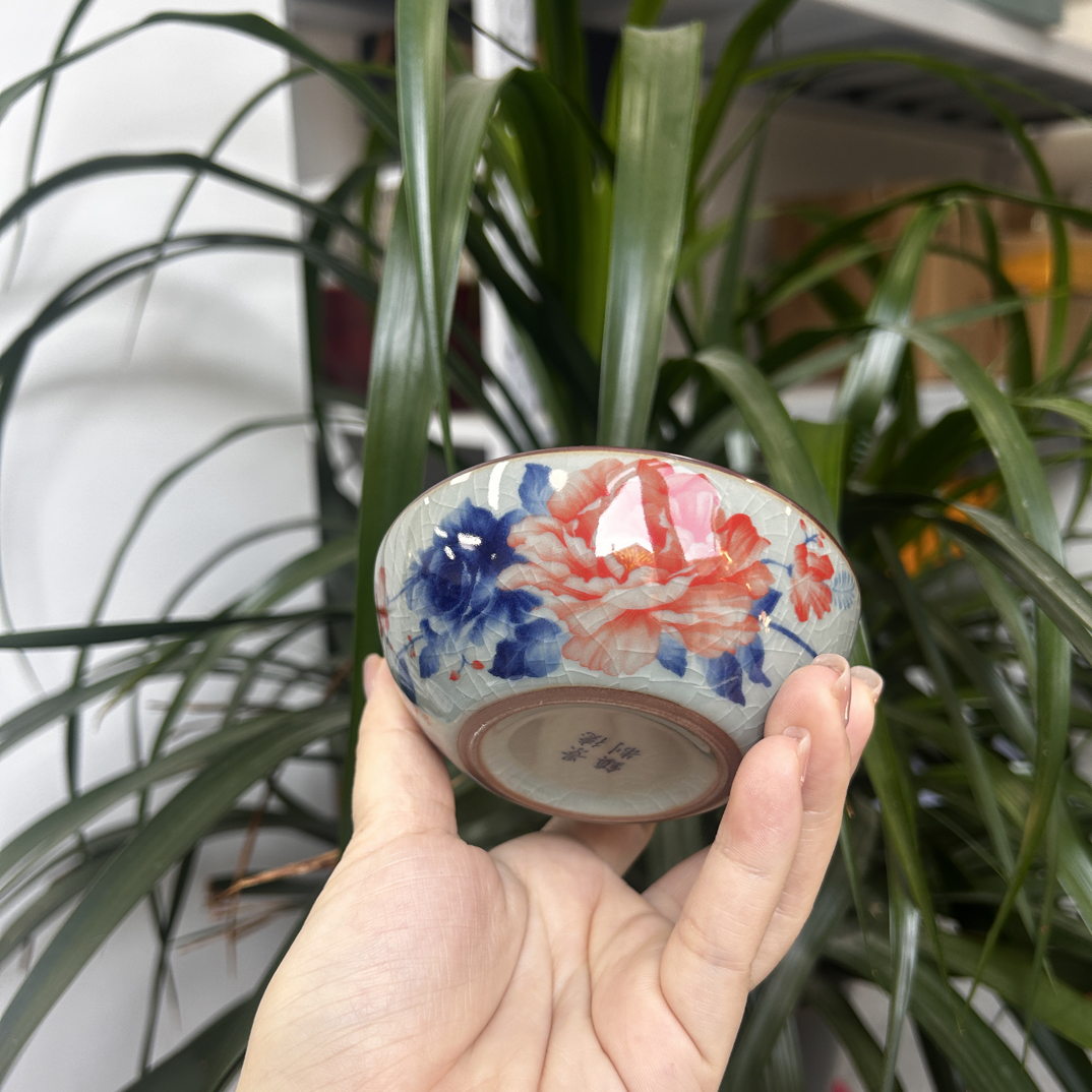 自留款老陶泥高温安全釉下国色天香牡丹普洱杯容量约90