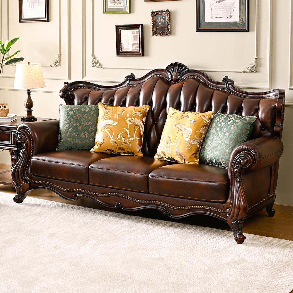 美式风格奢华高端贝壳沙发真皮实木雕花客厅家具豪华复古别墅组合